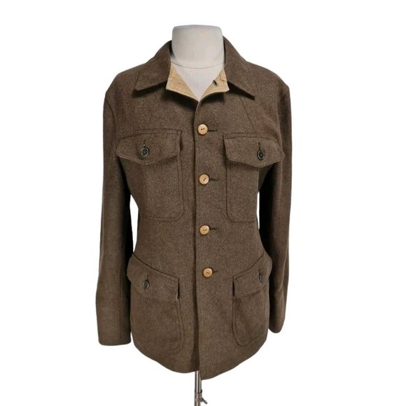 The Cockpit Size M Men's Army Green Wool Blend Leather Accent Military Coat 249A